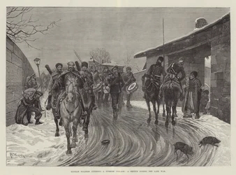 Soldats russes entrant dans un village turc, croquis pendant la dernière guerre